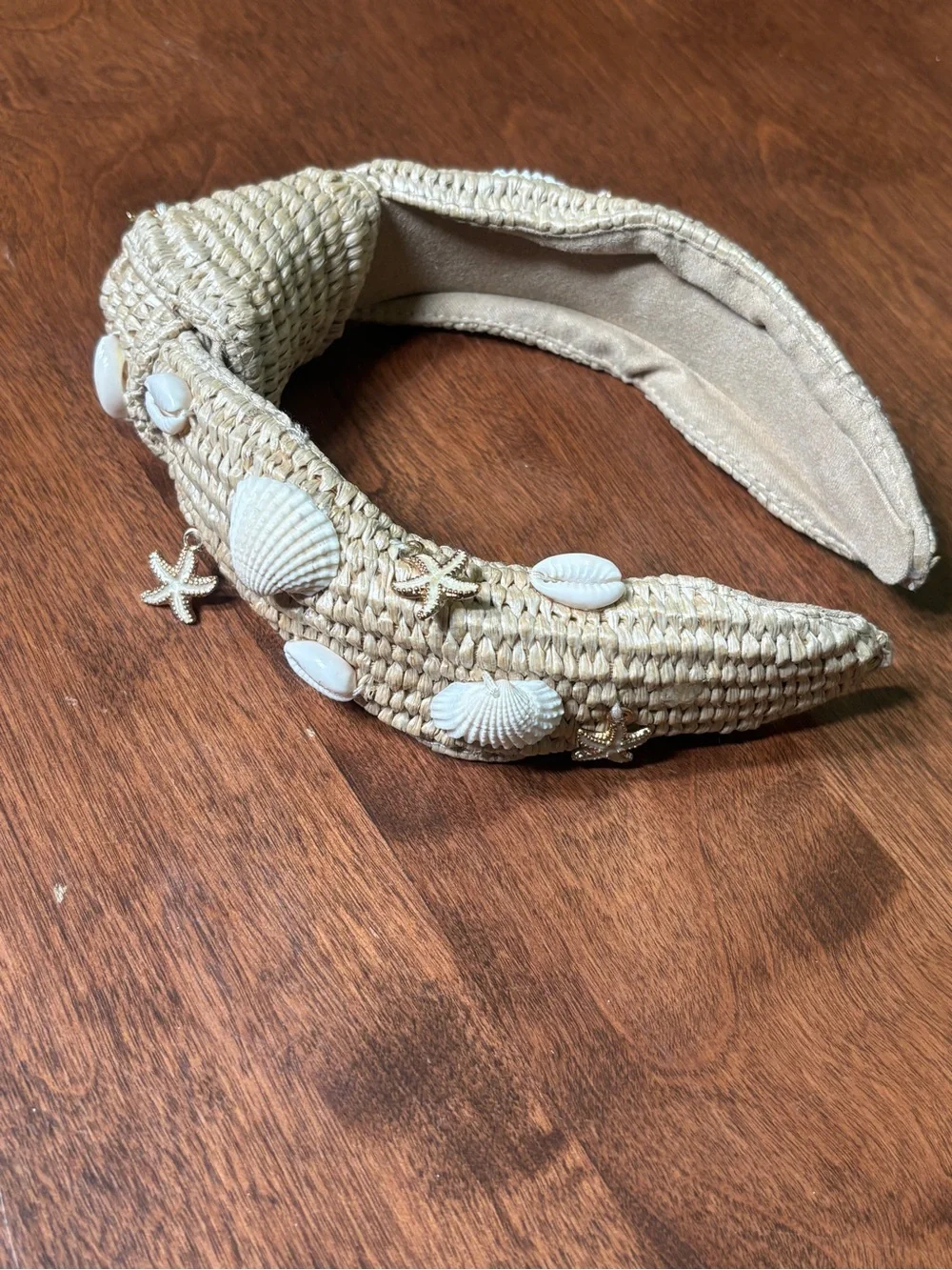 Seashell Embellished Beige Straw Headband